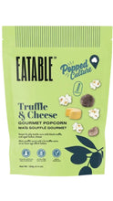 Load image into Gallery viewer, Light green bag of Eatable Truffle & Cheese Gourmet Popcorn featuring illustrations of popcorn, cheese, and black truffles, with dark green typography and botanical graphics.