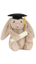 Load image into Gallery viewer, Plush bunny toy wearing a graduation cap and gown on a white background