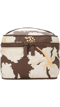 Load image into Gallery viewer, ALOHA rectangular toiletry bag featuring a rich chocolate brown background with oversized cream hibiscus flowers and soft yellow accents, a coordinating brown double-zip closure with ALOHA zipper pulls, and a matching top carrying handle.