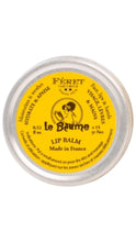 Load image into Gallery viewer, A round silver metal tin of Férét Le Baume Lip Balm with a bright yellow label, shown against a plain white background.