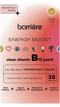Load image into Gallery viewer, Pink and coral gradient package of Barrière Energy Boost clean vitamin B12 patches, featuring playful icons and text noting vitamin B12 and folate, with 36 patches included.