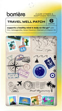 Load image into Gallery viewer, Barrière Travel Well Patch set with six clean vitamin and adaptogen patches, featuring colorful travel-themed designs including maps, stamps, airplanes, palm trees, and nautical graphics.