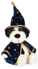 Load image into Gallery viewer, A plush dog toy dressed as a wizard, wearing a navy blue velvet robe and pointed hat with gold star patterns and trim, on a plain white background.