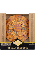 Load image into Gallery viewer, True Genius Grecian Computer wooden puzzle featuring layered, gear-like wooden pieces printed with numbers and ancient-inspired designs, displayed in an open-front cardboard box.