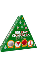 Load image into Gallery viewer, Holiday Charades With Props game in a green, Christmas tree-shaped box decorated with ornaments and holiday graphics, featuring included props such as a snowball, Santa hat, Rudolph nose, and Christmas tree.