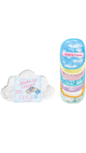 Load image into Gallery viewer, A set of cloud-patterned makeup erasers, including one white cloud-shaped pouch in packaging on the left, all on a plain white background.