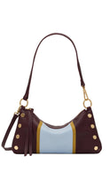 Load image into Gallery viewer, Brown handbag with gold accents and a light blue stripe on a white background
