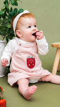 Load image into Gallery viewer, Baby wearing a pink dress with a strawberry design, sitting on a green surface.