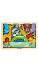Load image into Gallery viewer, A wooden children's animal puzzle box by Hape, featuring colorful animal-shaped pieces including a giraffe, elephant, crocodile, lion, and others, arranged on a light wood base against a white background.