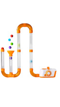 Load image into Gallery viewer, An orange and clear plastic marble run toy with colorful balls, shown on a plain white background.