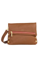 Load image into Gallery viewer, Brown leather crossbody bag with gold accents on a white background
