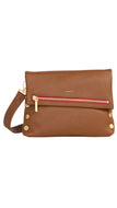 Brown leather crossbody bag with gold accents on a white background
