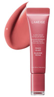 LANEIGE Glaze Craze Tinted Lip Serum in Peach Glaze, shown in a pink squeeze tube with a matching lip smear behind it on a white background.