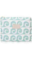 A rectangular zippered pouch featuring a repeating mint green and white wave pattern, with a small beige leather brand patch on the front.