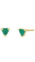 Load image into Gallery viewer, Pair of gold earrings with green triangular stones on a white background
