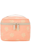 Peach-colored cosmetic bag with floral pattern on a white background