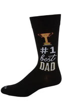 Load image into Gallery viewer, Black sock with '#1 Best Dad' text and trophy graphic on a white background
