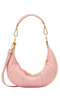 Load image into Gallery viewer, A light pink crescent-shaped shoulder bag with gold-tone hardware and a matching pink strap, shown against a plain white background.
