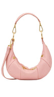 A light pink crescent-shaped shoulder bag with gold-tone hardware and a matching pink strap, shown against a plain white background.