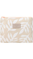 A rectangular zippered pouch with a beige and white leaf pattern, featuring a central beige brand patch that reads 'ALOHA'.