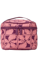 Load image into Gallery viewer, A pink and purple floral patterned zippered toiletry bag with a top handle, shown against a plain white background.
