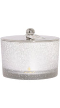 Load image into Gallery viewer, Thymes Frasier Fir candle in a frosted white and silver speckled glass vessel with a polished silver lid and round knob, finished with a small gold Thymes logo on the front.
