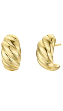Load image into Gallery viewer, A pair of gold huggie hoop earrings with a twisted rope texture, shown from front and side angles on a plain white background.
