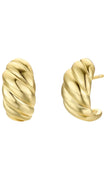 A pair of gold huggie hoop earrings with a twisted rope texture, shown from front and side angles on a plain white background.