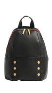 Black backpack with gold buttons and trim on a white background