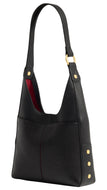 Black handbag with gold accents on a white background