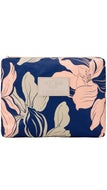 A rectangular zippered pouch featuring a navy blue background with a large floral pattern in light pink and beige. A cream-colored brand label reading 'ALOHA' is centered on the front.
