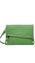 Load image into Gallery viewer, A green pebbled leather clutch bag with a front zippered pocket, gold-tone hardware, and a matching green shoulder strap, shown against a plain white background.
