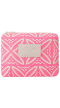 Load image into Gallery viewer, A pink zip-around pouch with a cream geometric pattern and a central cream leather patch embossed with the brand name ALOHA.
