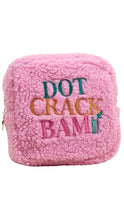 Load image into Gallery viewer, Pink textured pouch with 'Dot Crack Bam' text on a white background
