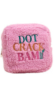 Pink textured pouch with 'Dot Crack Bam' text on a white background