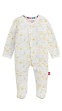 Load image into Gallery viewer, White onesie with blue moons, clouds and gold star design.
