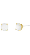 A pair of stud earrings with oval milky white cabochon stones in gold four-prong settings, with one earring shown front-facing and the other angled to show the silver post and backing.