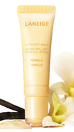 LANEIGE Lip Glowy Balm in Vanilla, shown in a light yellow squeeze tube with a matching cap. The tube is centered on a white background, styled with a vanilla bean, a drop of balm, and white orchid flowers.