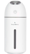 Load image into Gallery viewer, A white and gray portable humidifier with a power button icon on the front, featuring the brand name 'hey dewy' printed below it.
