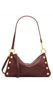 A dark red pebbled leather shoulder bag with gold-tone hardware and decorative studs, shown against a plain white background.