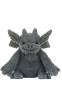 Load image into Gallery viewer, A plush gray dragon toy with large pointed ears, small horns, and a stitched smiling face, shown against a plain white background.
