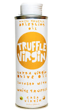 Load image into Gallery viewer, Casa Virgin Truffle Virgin white truffle-infused extra virgin olive oil in a tall white tin with bold orange lettering and a white screw cap.
