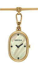 Load image into Gallery viewer, BREDA gold-tone oval charm watch featuring an iridescent mother-of-pearl dial, minimalist black dot hour markers, black hands, and a polished gold case with a matching lobster clasp attachment.
