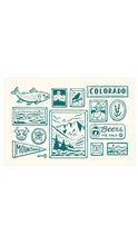 Load image into Gallery viewer, A cream-colored postcard featuring teal blue retro-style illustrations and text, including a fish, mountains, a cowboy, a beer glass with 'Beers ICE COLD', and the word 'COLORADO'.
