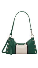 Load image into Gallery viewer, Green and beige handbag with decorative studs on a white background
