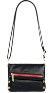 A black leather handbag with a red twill H print lining, featuring a gold-tone zipper and a shoulder strap.