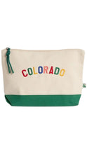 Load image into Gallery viewer, A canvas pouch with a green bottom panel and a green zipper pull, featuring the word 'COLORADO' embroidered across the front in multicolored letters.
