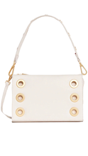 Load image into Gallery viewer, An off-white leather shoulder bag with gold-tone grommet details and a matching off-white strap, shown against a plain white background.
