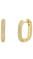 A pair of gold huggie hoop earrings paved with clear cubic zirconia stones, shown from both front and side angles on a plain white background.