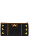 Load image into Gallery viewer, A black pebbled leather wallet with brown leather trim and gold-tone hardware, including gold studs on the sides and a central oval clasp.
